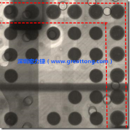 BGA錫球尺寸小于0.4mm，采用降低BGA內(nèi)圍襲球的錫膏量所得到X-Ray，稍微留意一下可以發(fā)現(xiàn)最外圈的錫量(圓的直徑)比其他內(nèi)圍的錫球上的錫量來(lái)得多一點(diǎn)點(diǎn)。也就是外圈的黑色圓形直徑比內(nèi)圈的圓形來(lái)得大一點(diǎn)點(diǎn)。