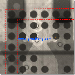 BGA錫球尺寸小于0.4mm，采用降低BGA內(nèi)圍襲球的錫膏量所得到X-Ray，稍微留意一下可以發(fā)現(xiàn)最外圈的錫量(圓的直徑)比其他內(nèi)圍的錫球上的錫量來(lái)得多一點(diǎn)點(diǎn)。也就是外圈的黑色圓形直徑比內(nèi)圈的圓形來(lái)得大一點(diǎn)點(diǎn)。