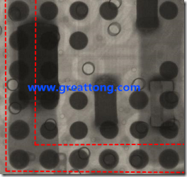 BGA錫球尺寸小于0.4mm，采用降低BGA內(nèi)圍襲球的錫膏量所得到X-Ray，稍微留意一下可以發(fā)現(xiàn)最外圈的錫量(圓的直徑)比其他內(nèi)圍的錫球上的錫量來(lái)得多一點(diǎn)點(diǎn)。也就是外圈的黑色圓形直徑比內(nèi)圈的圓形來(lái)得大一點(diǎn)點(diǎn)。