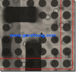 BGA錫球尺寸小于0.4mm，采用降低BGA內(nèi)圍襲球的錫膏量所得到X-Ray，稍微留意一下可以發(fā)現(xiàn)最外圈的錫量(圓的直徑)比其他內(nèi)圍的錫球上的錫量來(lái)得多一點(diǎn)點(diǎn)。也就是外圈的黑色圓形直徑比內(nèi)圈的圓形來(lái)得大一點(diǎn)點(diǎn)。