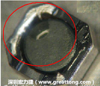 使用錫(Sn)鍍層的電源電感器(Power Inductors)，經(jīng)過推力測試后，其焊點(diǎn)還保留在零件的端點(diǎn)上，所以推力比較高。