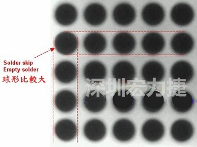 現(xiàn)在我畫幾條直線你再看看是否有發(fā)現(xiàn)那一顆BGA的錫球比較大，有空焊的可能？