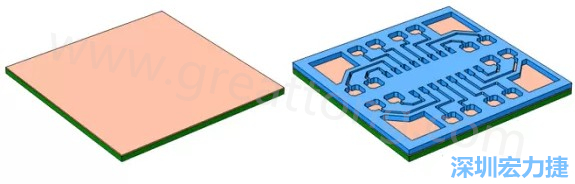 將種子層鍍于PCB板之上(左)。通過光刻法利用光刻膠繪制PCB板圖形(右)-深圳宏力捷