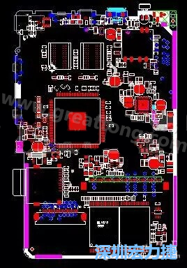 上圖是一個(gè)開發(fā)板的PCB，從布局中可以看出各個(gè)接口電路分離很明確，SDRAM和DDR以及SD卡接口電路等走線不會(huì)造成相互的干擾。-深圳宏力捷