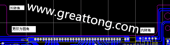 PCB設(shè)計時單面板的轉(zhuǎn)角都需為圓角，R1.0mm或R2.0mm為宜。
