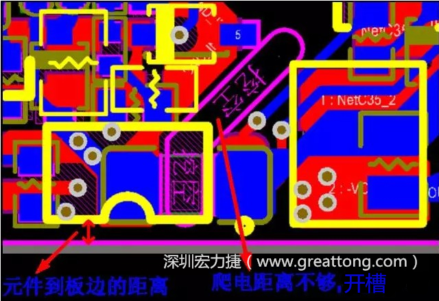 如果碰到模塊PCB空間有限，爬電距離不夠，可以采用開槽的方式