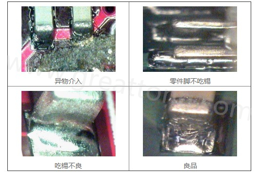 300X顯微鏡主要檢測這些PCBA加工問題：異物介入、零件腳不吃錫、 吃錫不良。