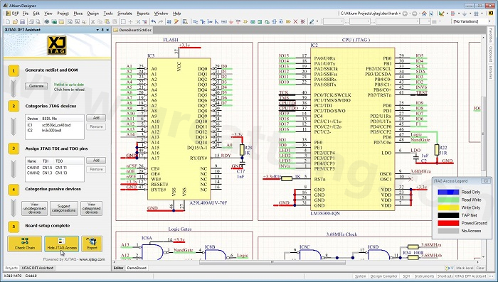 XJTAG DFT Assistant的Access Viewer模式可以清楚地顯示可用的測(cè)試存取層級(jí)，讓電路板設(shè)計(jì)人員在展開PCB布局以前的原理圖擷取階段盡可能地提高測(cè)試存取能力