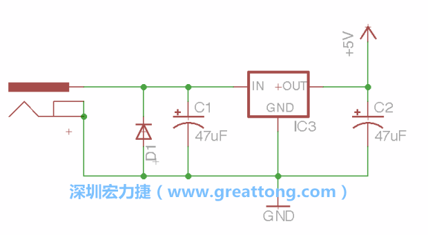 新增RBBB→Power_Jack，將它放在電壓調(diào)整器的輸入端旁邊。