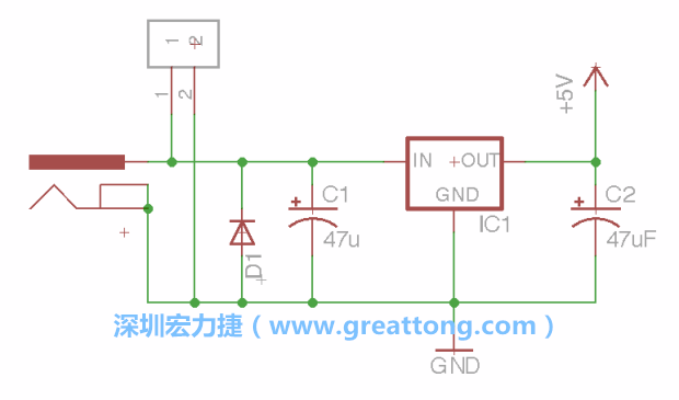 2.5.    新增一個二極體，它會以水平的狀態(tài)出現(xiàn)在屏幕上，請使用「旋轉(zhuǎn)（Rotate）」工具把它負(fù)極那一面朝上，并且用「網(wǎng)絡(luò)連接」工具將它連接在電壓調(diào)整器的輸入端和接地端之間。