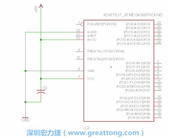 3.1.    新增微控制器晶片（RBBB → ATmega），把它放在電路原理圖的中央附近，把它的兩個接地接頭連接到接地訊號端。