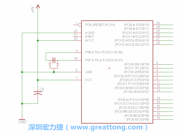 3.2.    在靠近ATmega的電源供應(yīng)針腳7的位置放置一個0.1μF的電容，將它分別連接電源、接地端和針腳7。