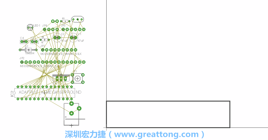 第一次執(zhí)行布線編輯器時，你會發(fā)現(xiàn)有兩個區(qū)塊，左邊的區(qū)塊非?；靵y，而右邊的區(qū)塊則是一個長方形的工作區(qū)域，EAGLE免費版會限制你的工作區(qū)域在4” x 3.2”的范圍內(nèi)，如果你試圖將元件擺放在工作區(qū)外的話，就會跳出警示訊息。