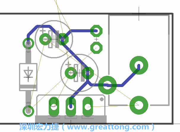 當(dāng)你在擺放元件時，要注意元件間的連結(jié)關(guān)系使用「旋轉(zhuǎn)（Rotate）」工具來讓連結(jié)點更接近、更容易布線。舉例來說，我們可以將這邊的二極體轉(zhuǎn)一個方向來縮短和47μF電容間的連結(jié)距離。