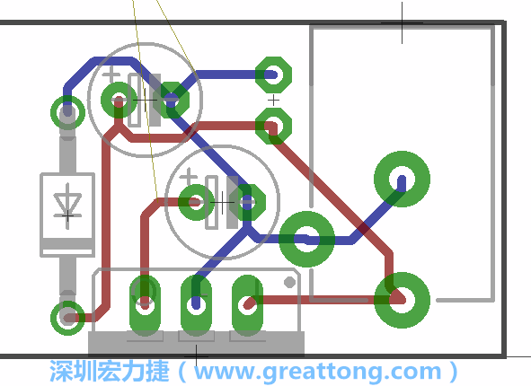 接地連結(jié)點的布線情形如下圖所示，利用這個練習(xí)來避免電路連線銳角化的產(chǎn)生是一個不錯的選擇，你可以在工具列中的彎曲線路（Wire Bend）選項里改變各種布線的變化。