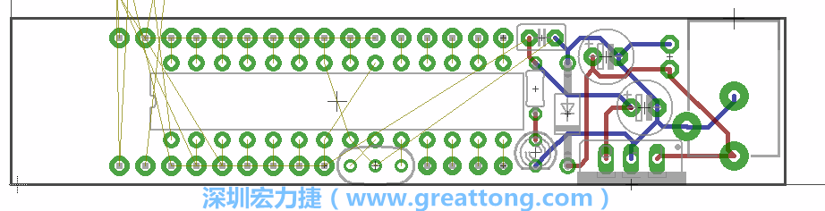 將ATmega微控制器、三個GPIO排針（JP2, JP3, JP4）和諧振器（resonator）排置如上圖所示。