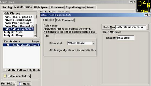 5. 而對于阻焊的調整則可以通過按D、R調出[Manufacturing]制作設計規(guī)則的[Solder-Mask Expansion Rule]設置項直接設定單邊放大值